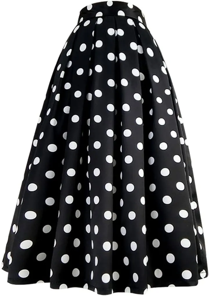 Women Korean Vintage Elegant High Waist White Polka Dot Print Long Pleated Black Midi Skirt