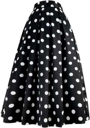 Women Korean Vintage Elegant High Waist White Polka Dot Print Long Pleated Black Midi Skirt