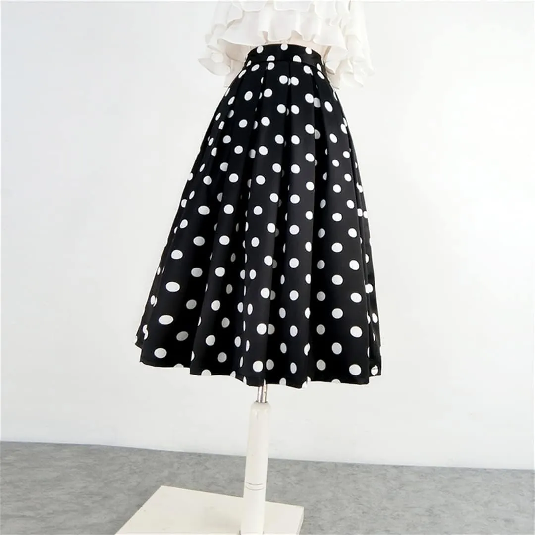 Women Korean Vintage Elegant High Waist White Polka Dot Print Long Pleated Black Midi Skirt