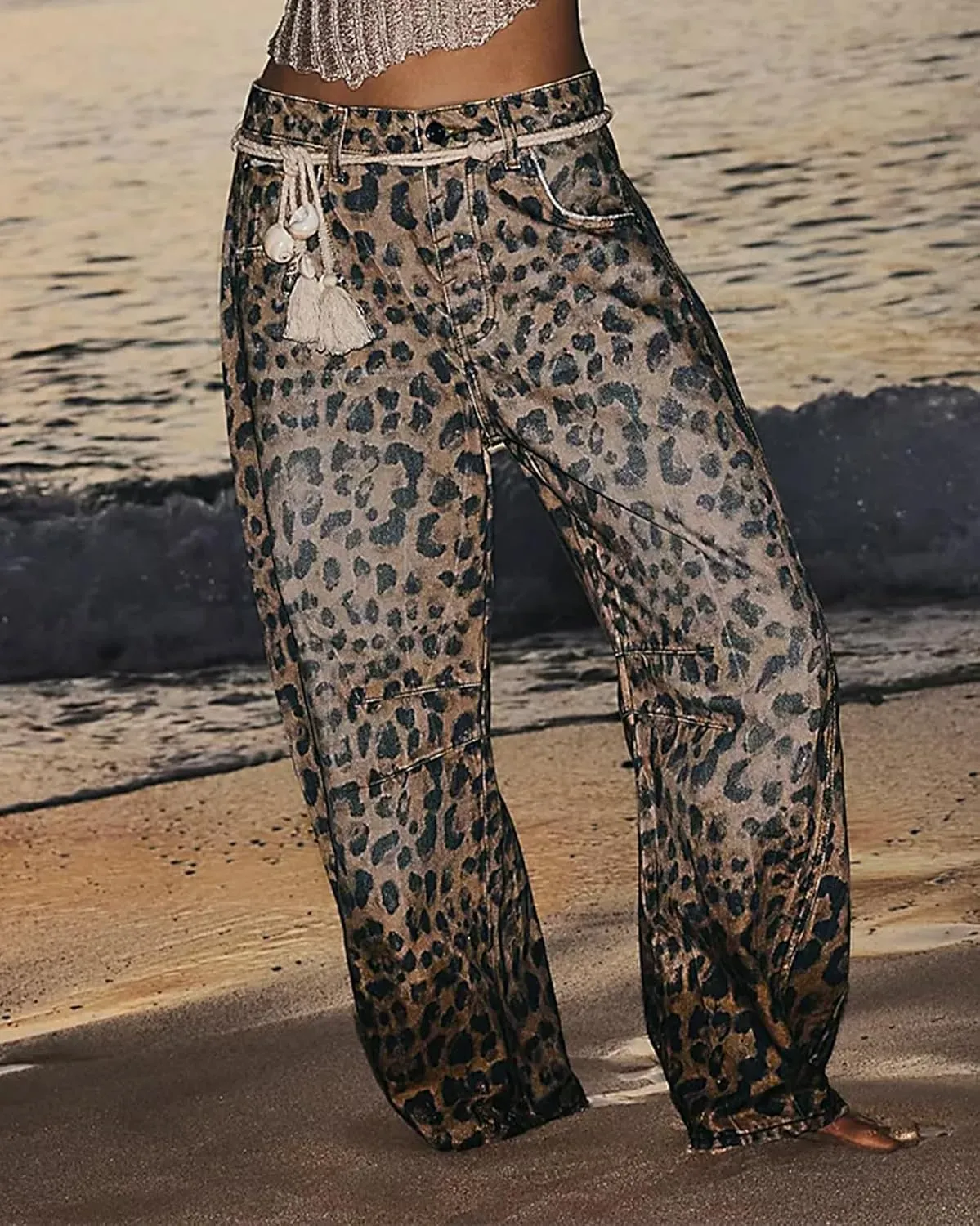 Women Leopard Barrel Jeans Casual Wide Leg Baggy Pants Y2k Boyfriend Mid Rise Denim Ankle Pants