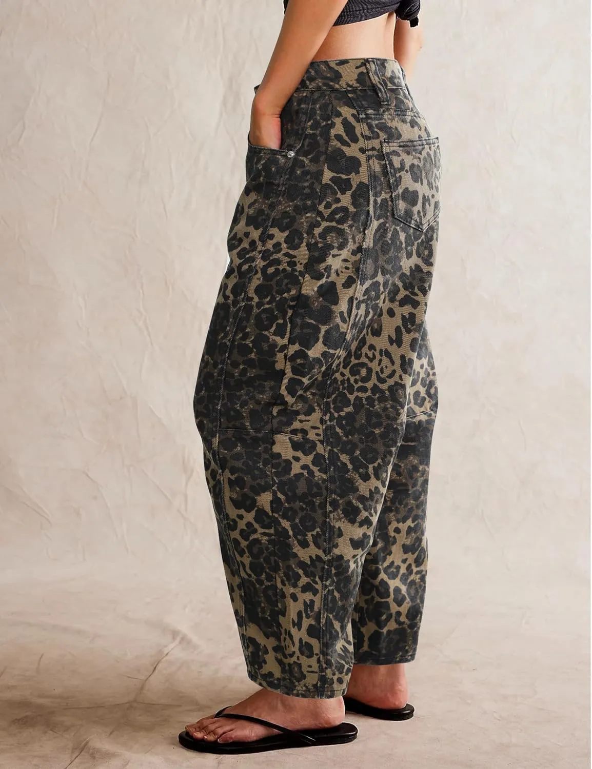Women Leopard Barrel Jeans Casual Wide Leg Baggy Pants Y2k Boyfriend Mid Rise Denim Ankle Pants