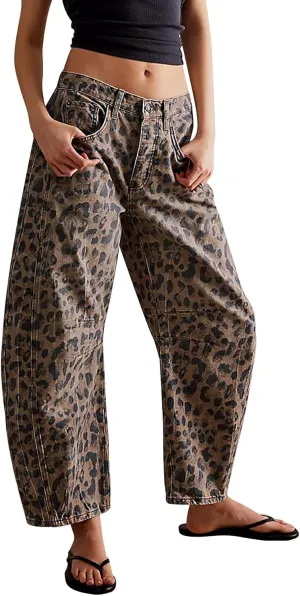 Women Leopard Barrel Jeans Casual Wide Leg Baggy Pants Y2k Boyfriend Mid Rise Denim Ankle Pants