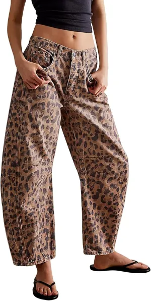 Women Leopard Barrel Jeans Casual Wide Leg Baggy Pants Y2k Boyfriend Mid Rise Denim Ankle Pants