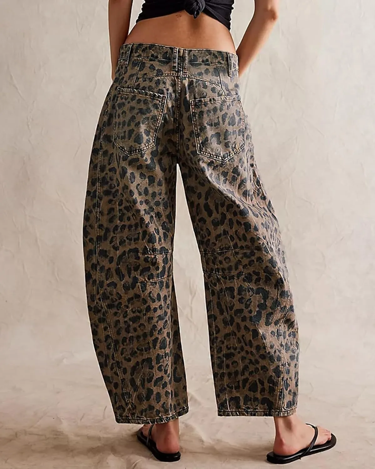 Women Leopard Barrel Jeans Casual Wide Leg Baggy Pants Y2k Boyfriend Mid Rise Denim Ankle Pants