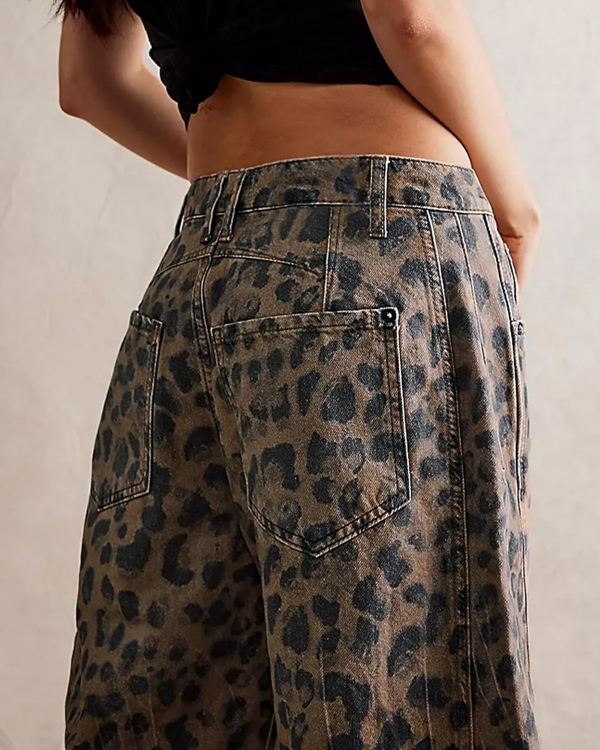 Women Leopard Barrel Jeans Casual Wide Leg Baggy Pants Y2k Boyfriend Mid Rise Denim Ankle Pants