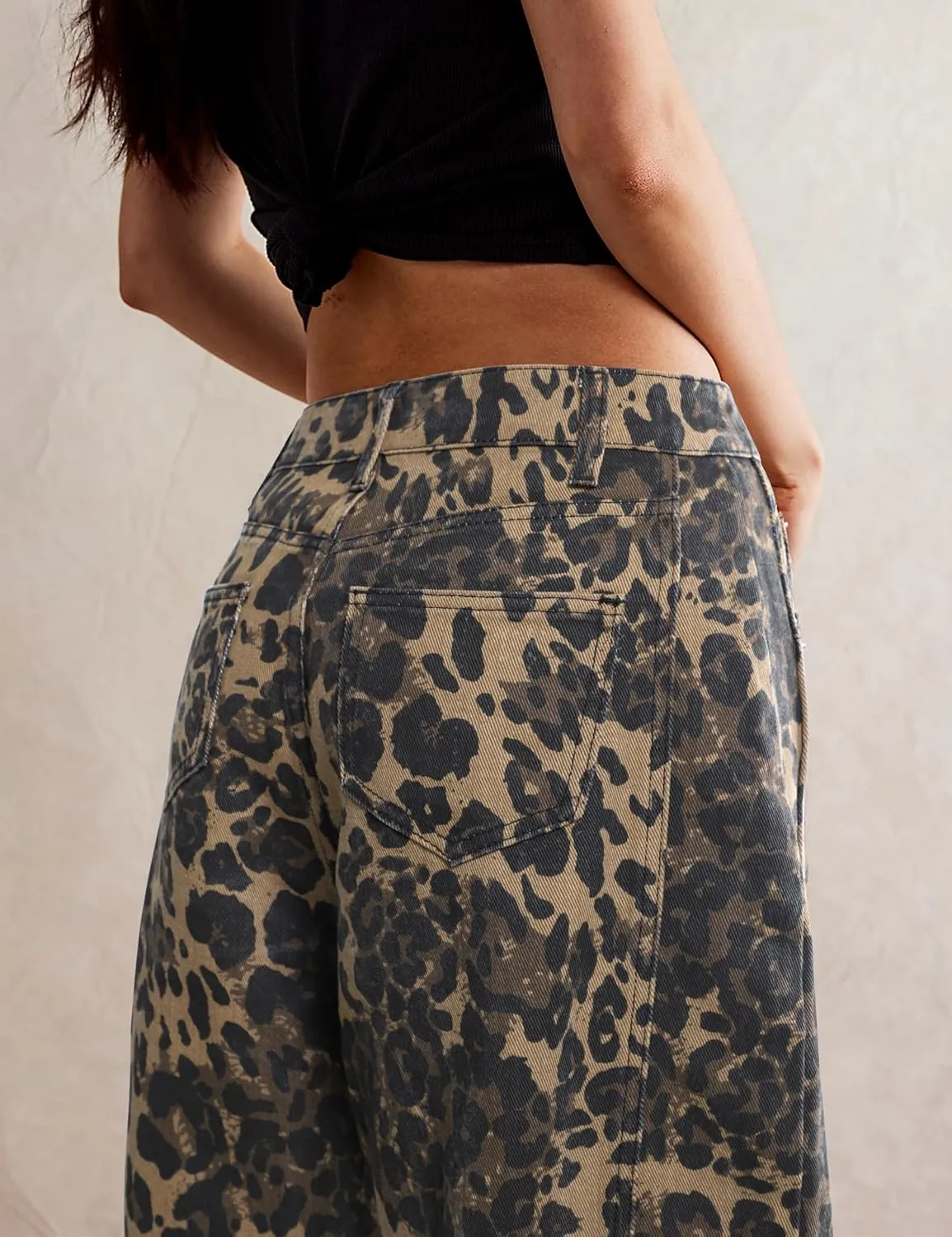 Women Leopard Barrel Jeans Casual Wide Leg Baggy Pants Y2k Boyfriend Mid Rise Denim Ankle Pants
