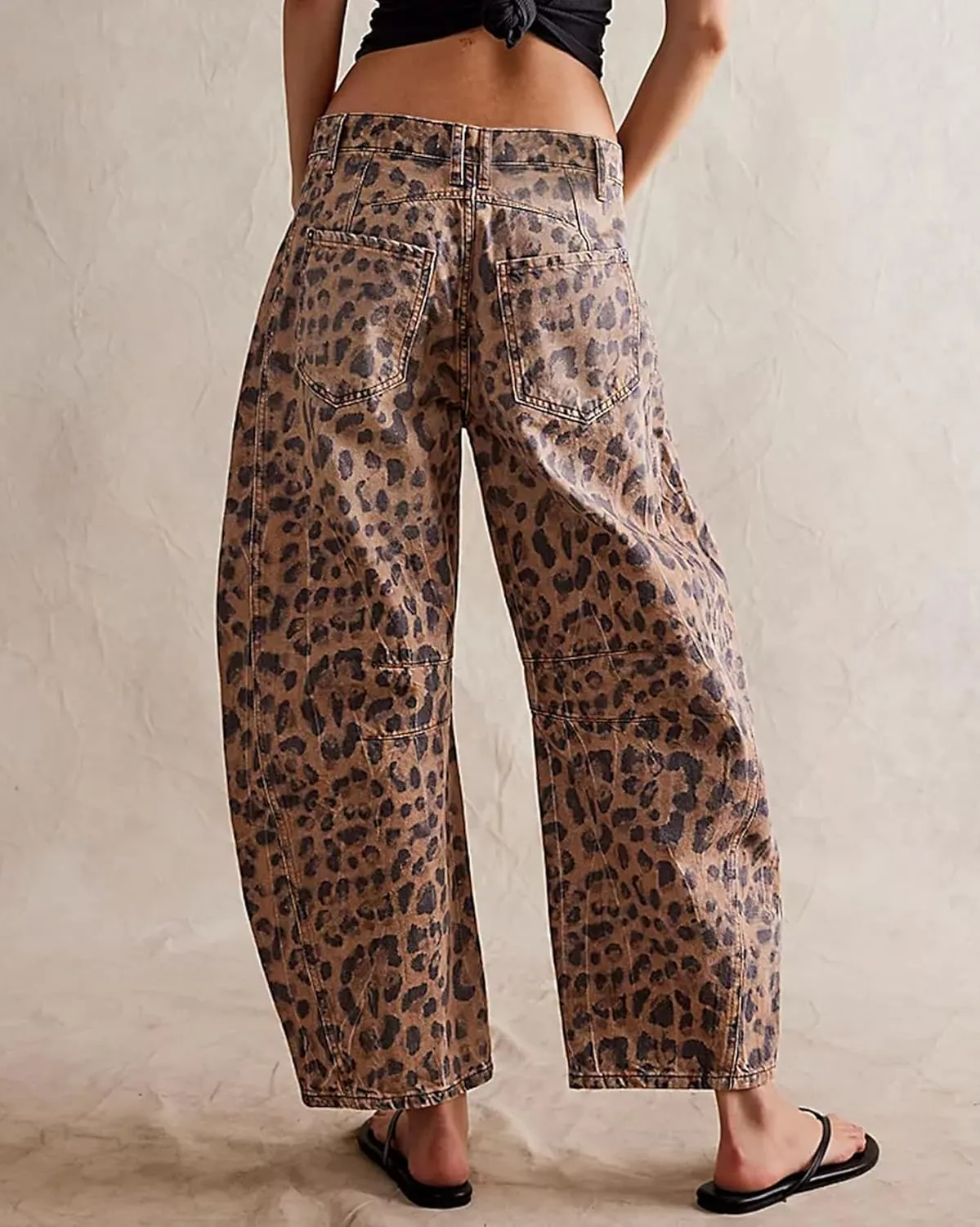 Women Leopard Barrel Jeans Casual Wide Leg Baggy Pants Y2k Boyfriend Mid Rise Denim Ankle Pants