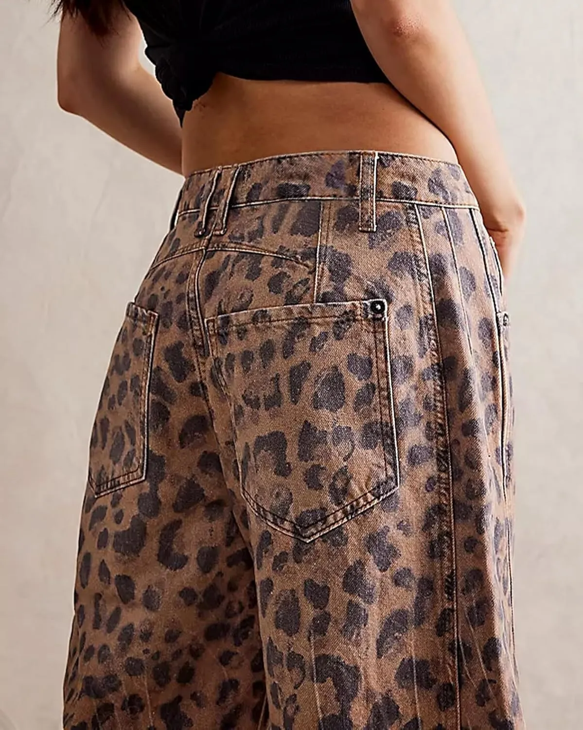 Women Leopard Barrel Jeans Casual Wide Leg Baggy Pants Y2k Boyfriend Mid Rise Denim Ankle Pants
