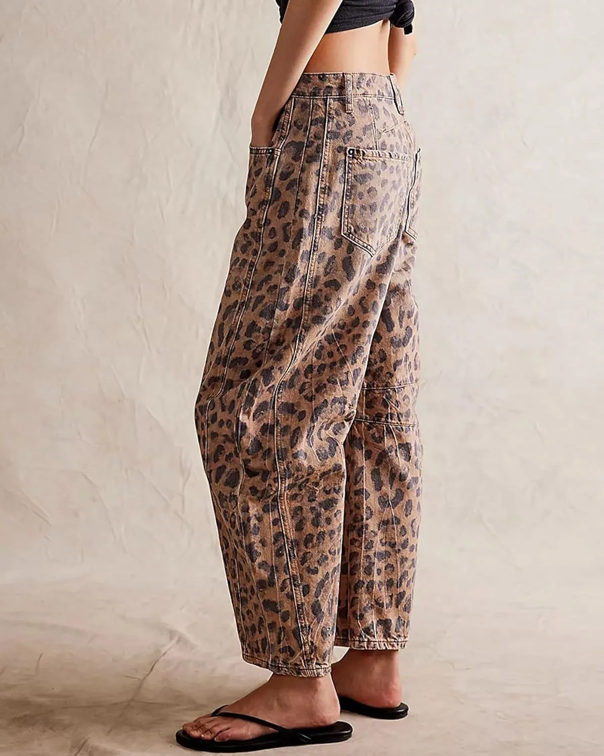 Women Leopard Barrel Jeans Casual Wide Leg Baggy Pants Y2k Boyfriend Mid Rise Denim Ankle Pants