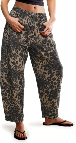 Women Leopard Barrel Jeans Casual Wide Leg Baggy Pants Y2k Boyfriend Mid Rise Denim Ankle Pants