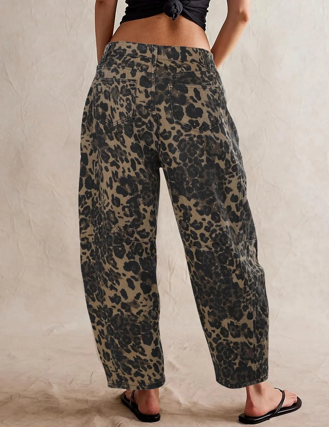 Women Leopard Barrel Jeans Casual Wide Leg Baggy Pants Y2k Boyfriend Mid Rise Denim Ankle Pants