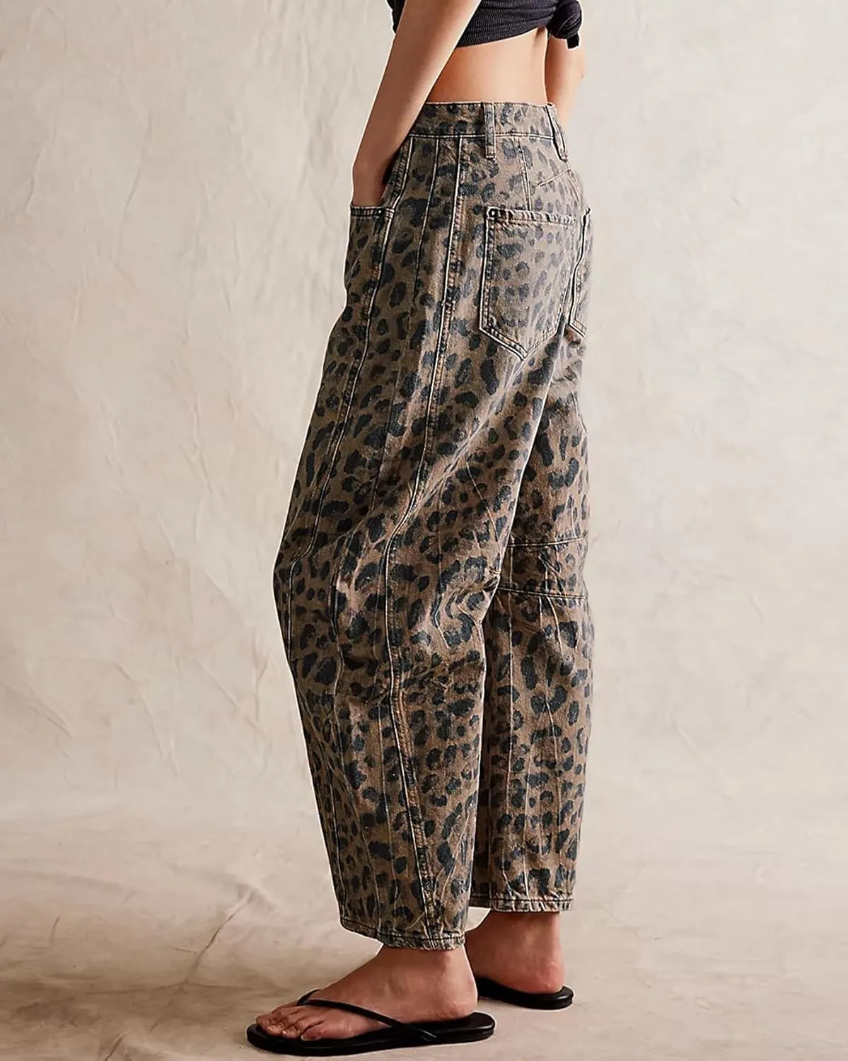 Women Leopard Barrel Jeans Casual Wide Leg Baggy Pants Y2k Boyfriend Mid Rise Denim Ankle Pants