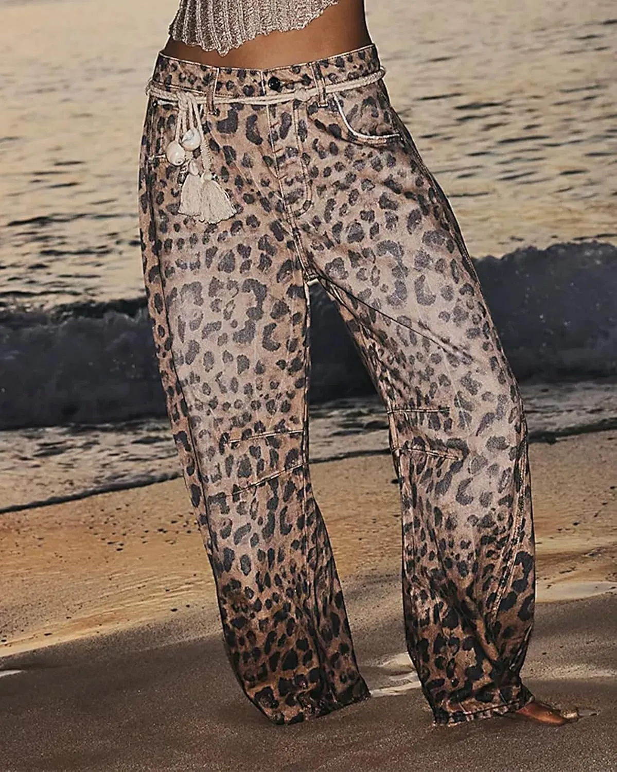 Women Leopard Barrel Jeans Casual Wide Leg Baggy Pants Y2k Boyfriend Mid Rise Denim Ankle Pants