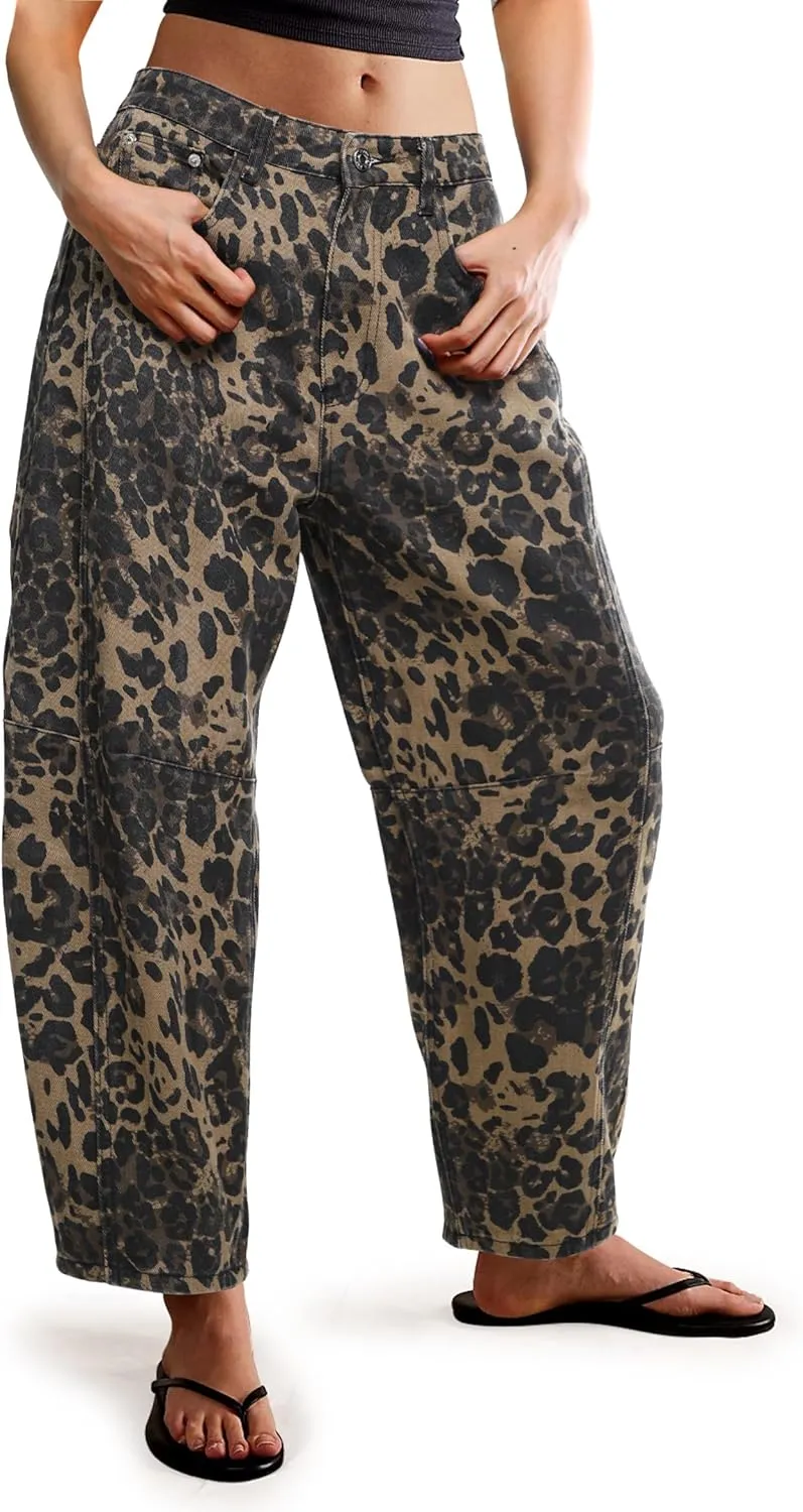 Women Leopard Barrel Jeans Casual Wide Leg Baggy Pants Y2k Boyfriend Mid Rise Denim Ankle Pants