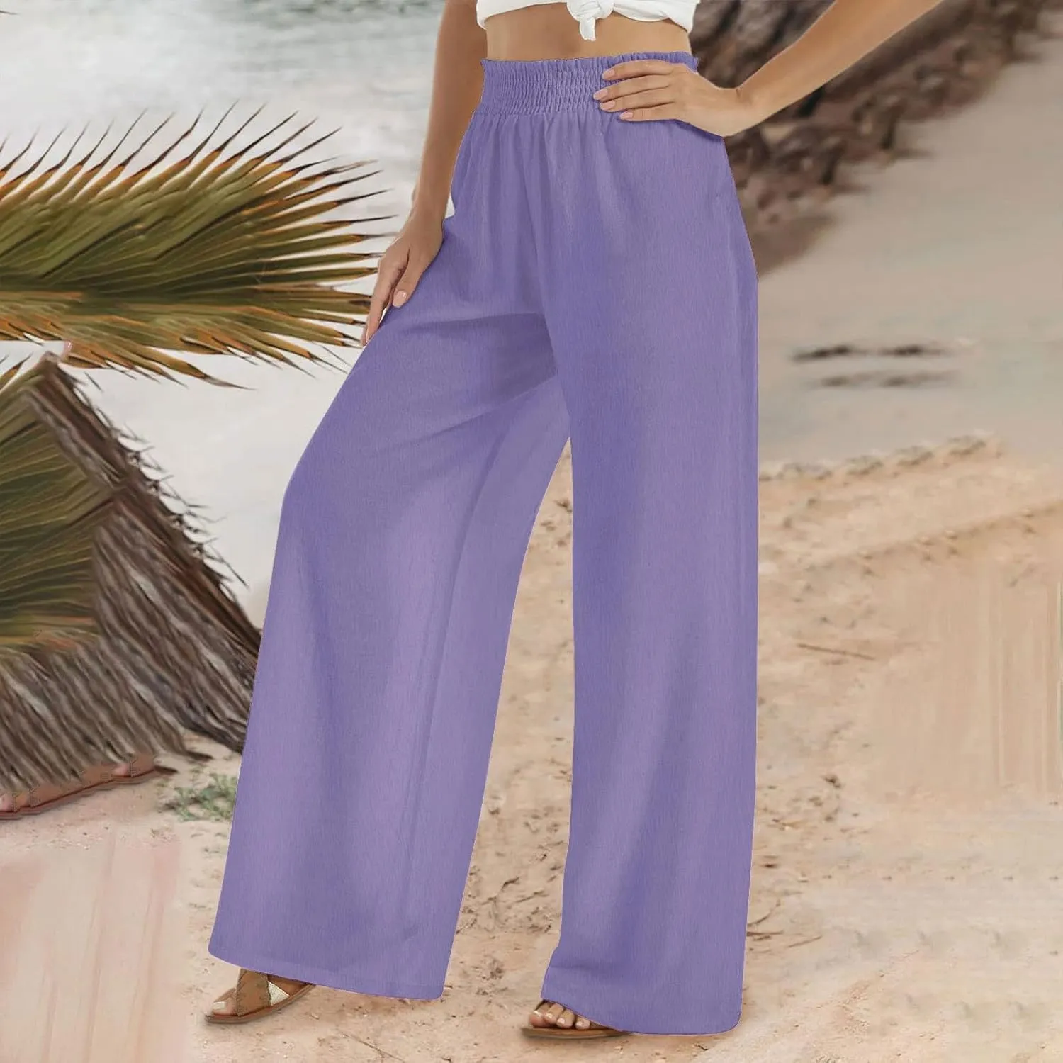 Women Straight Wide Leg Pants Elastic High Waisted Trendy Summer Clothes Cotton Linen Lightweight Flowy Outfits
