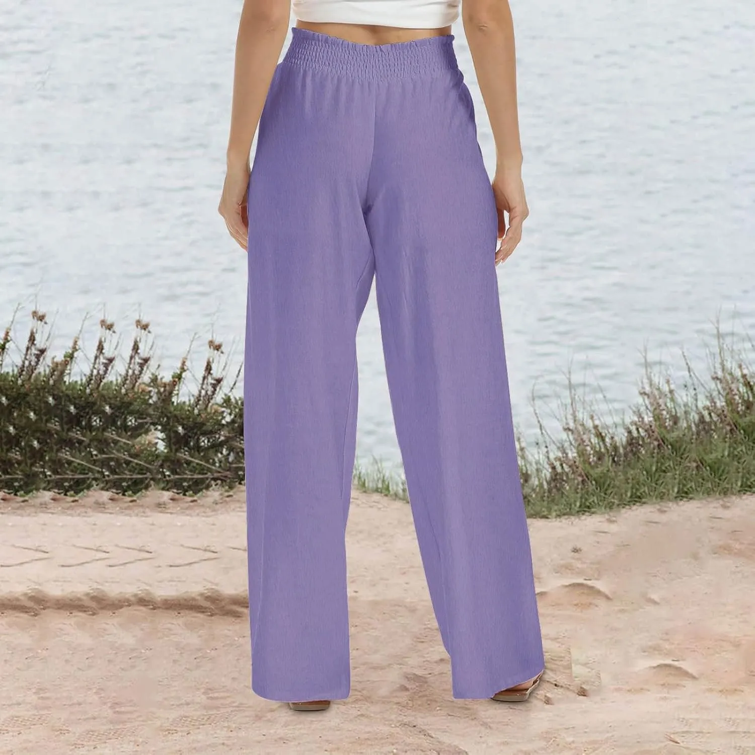 Women Straight Wide Leg Pants Elastic High Waisted Trendy Summer Clothes Cotton Linen Lightweight Flowy Outfits