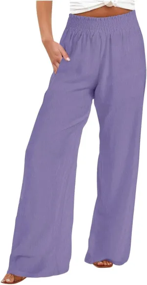 Women Straight Wide Leg Pants Elastic High Waisted Trendy Summer Clothes Cotton Linen Lightweight Flowy Outfits