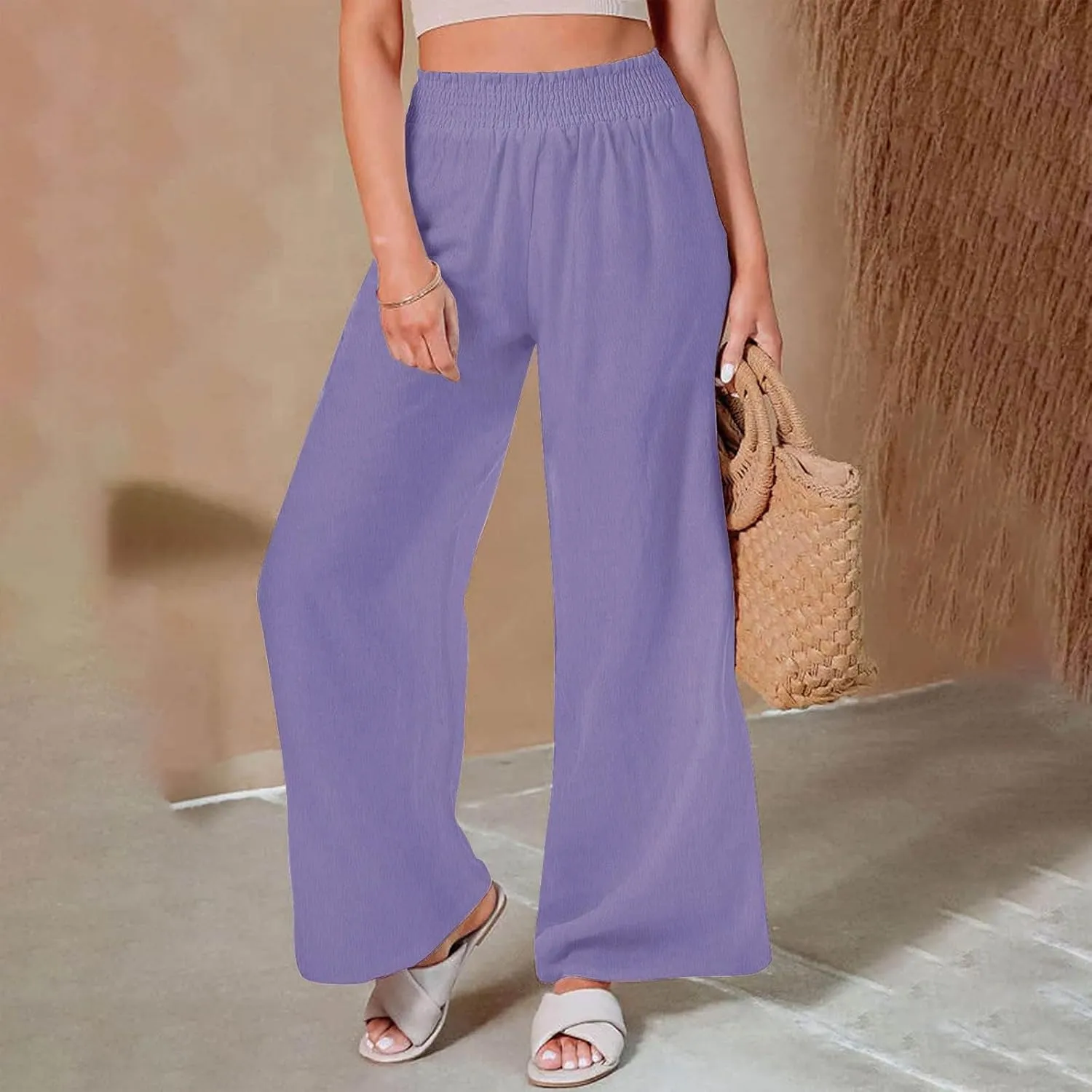 Women Straight Wide Leg Pants Elastic High Waisted Trendy Summer Clothes Cotton Linen Lightweight Flowy Outfits