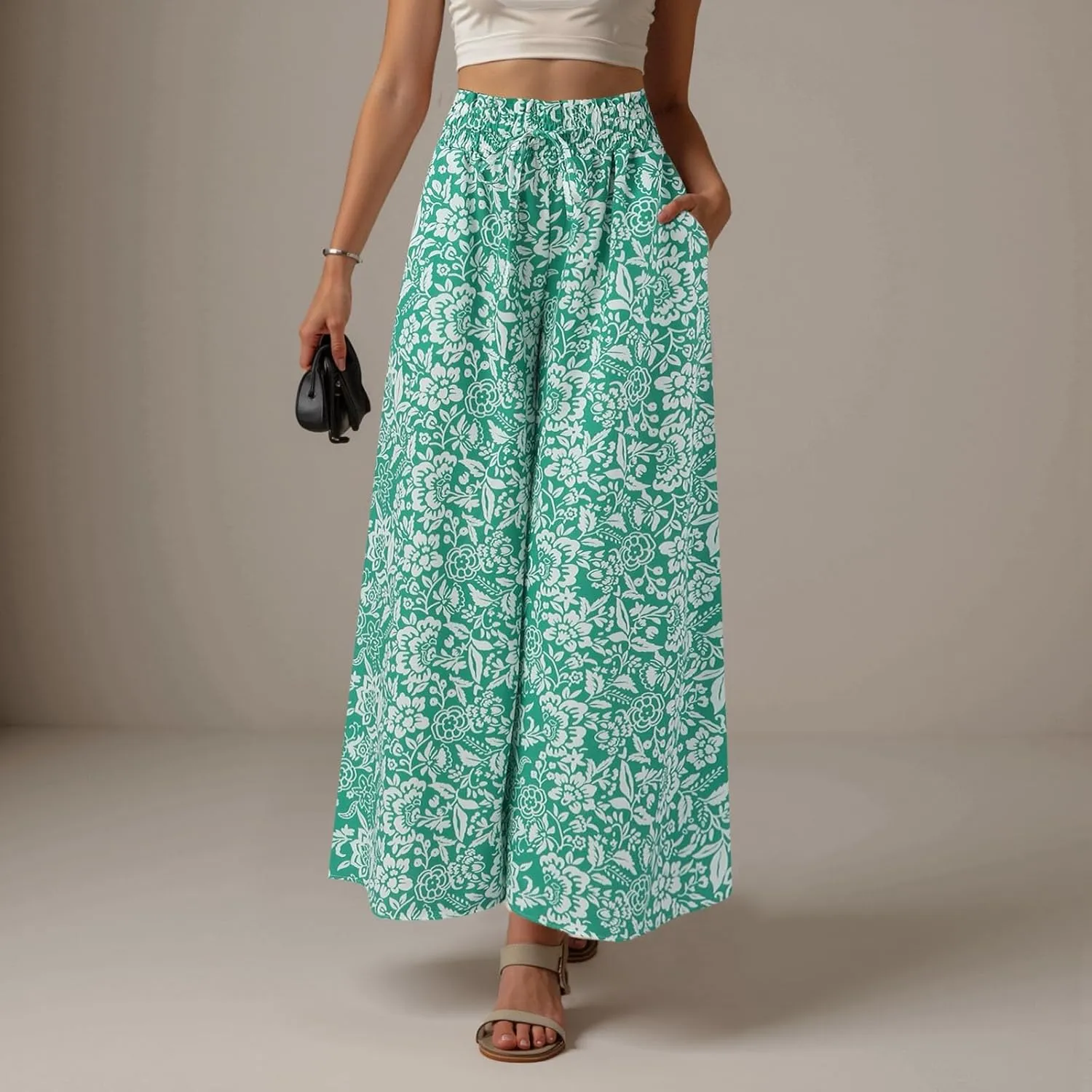 Women Summer Beach Vacation Pants High Waisted Wide Leg Pants Printed Loose Flowy Casual Palazzo Lounge Trousers