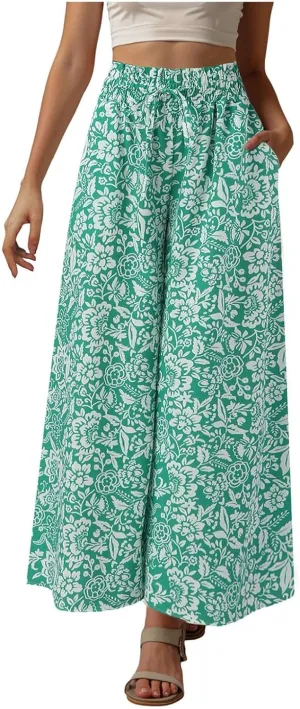 Women Summer Beach Vacation Pants High Waisted Wide Leg Pants Printed Loose Flowy Casual Palazzo Lounge Trousers