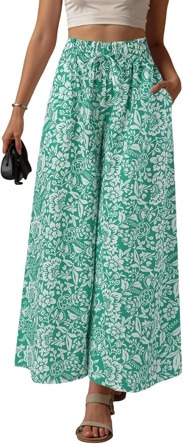 Women Summer Beach Vacation Pants High Waisted Wide Leg Pants Printed Loose Flowy Casual Palazzo Lounge Trousers