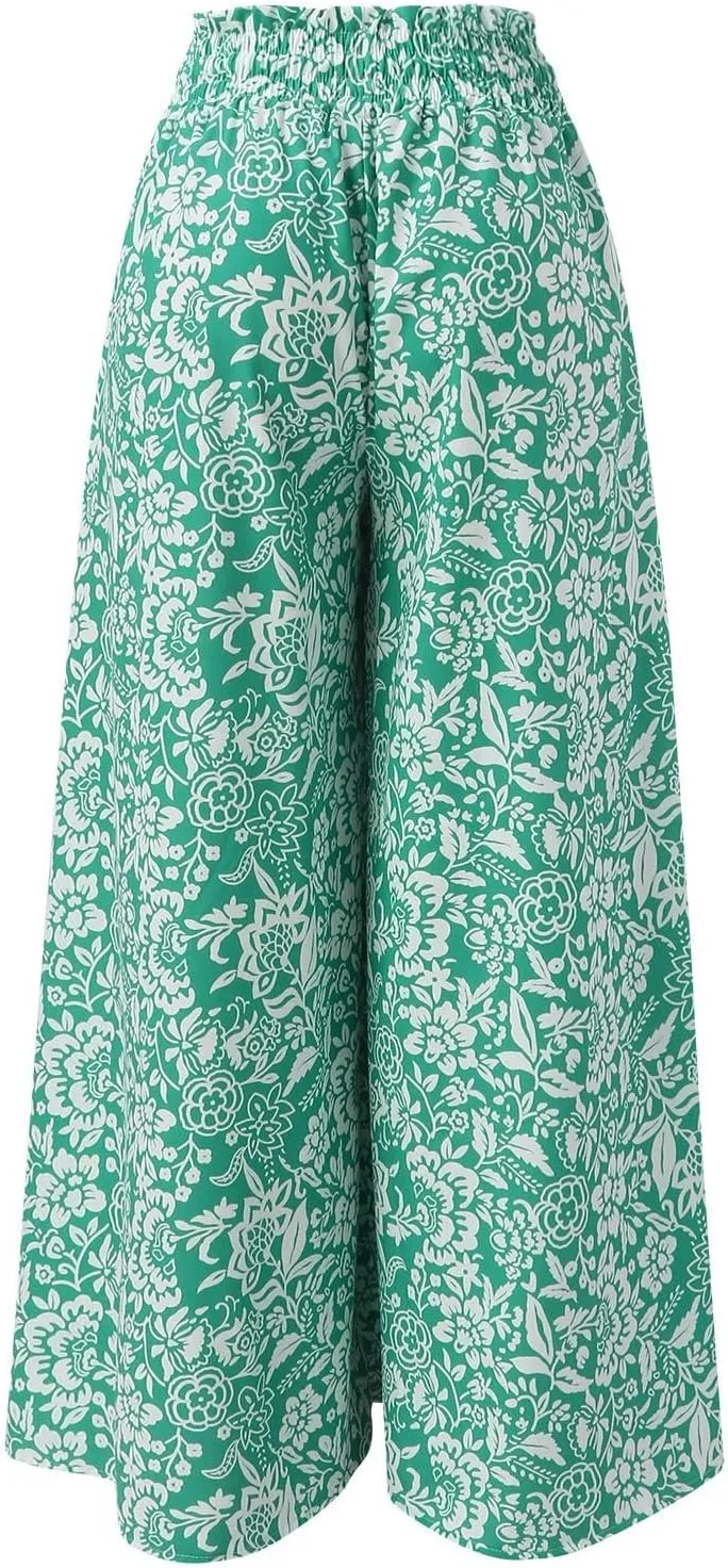 Women Summer Beach Vacation Pants High Waisted Wide Leg Pants Printed Loose Flowy Casual Palazzo Lounge Trousers