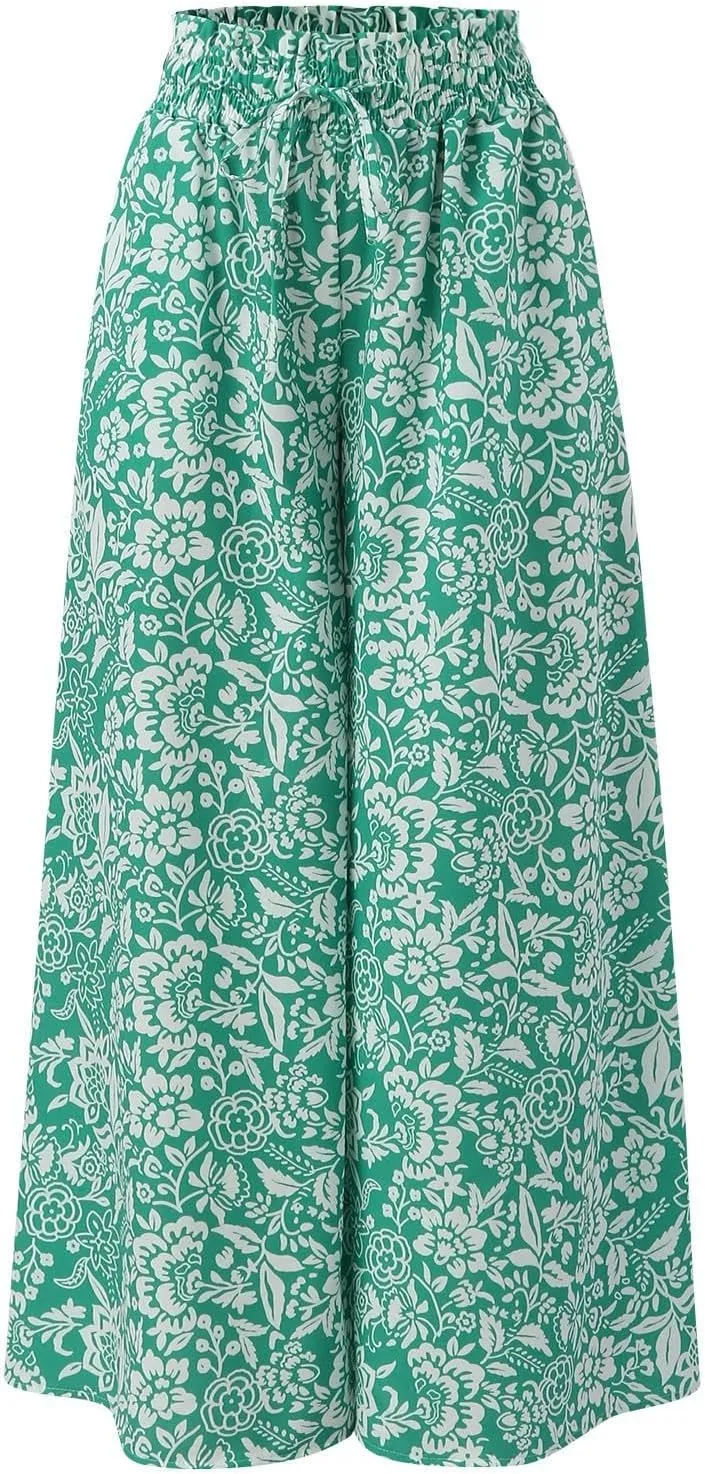 Women Summer Beach Vacation Pants High Waisted Wide Leg Pants Printed Loose Flowy Casual Palazzo Lounge Trousers