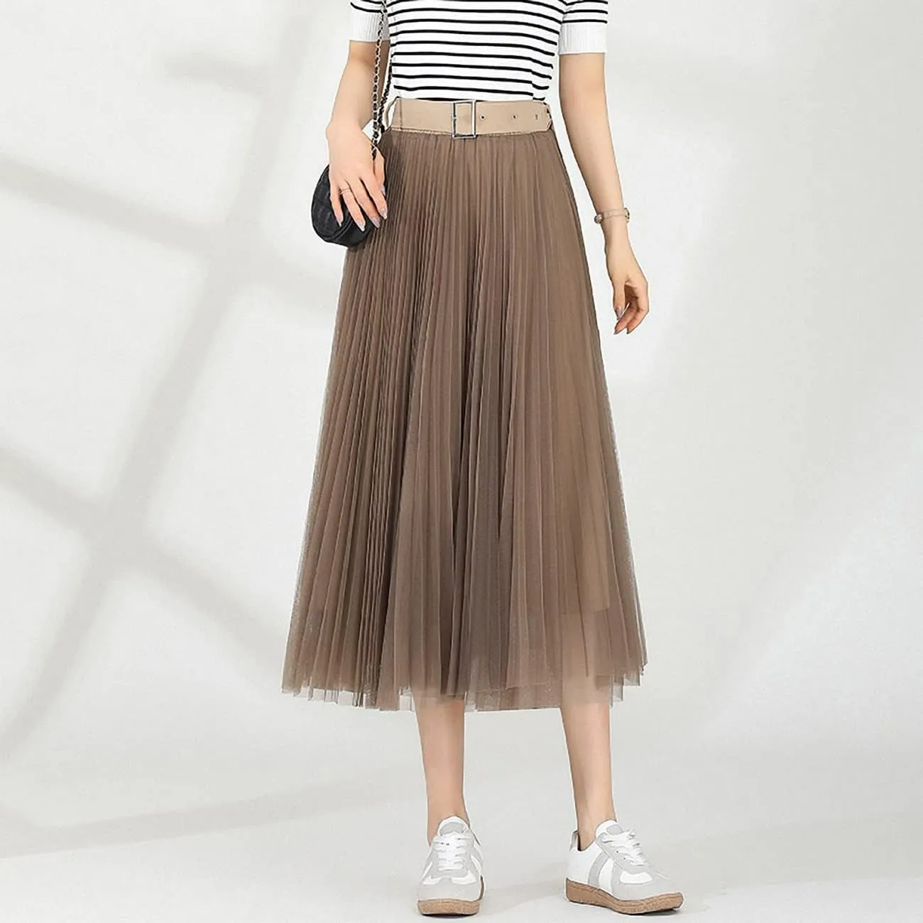 Women Tulle Mesh Pleated Skirt High Waist Petticoat with Belt Elegant Swing Midi Skirt