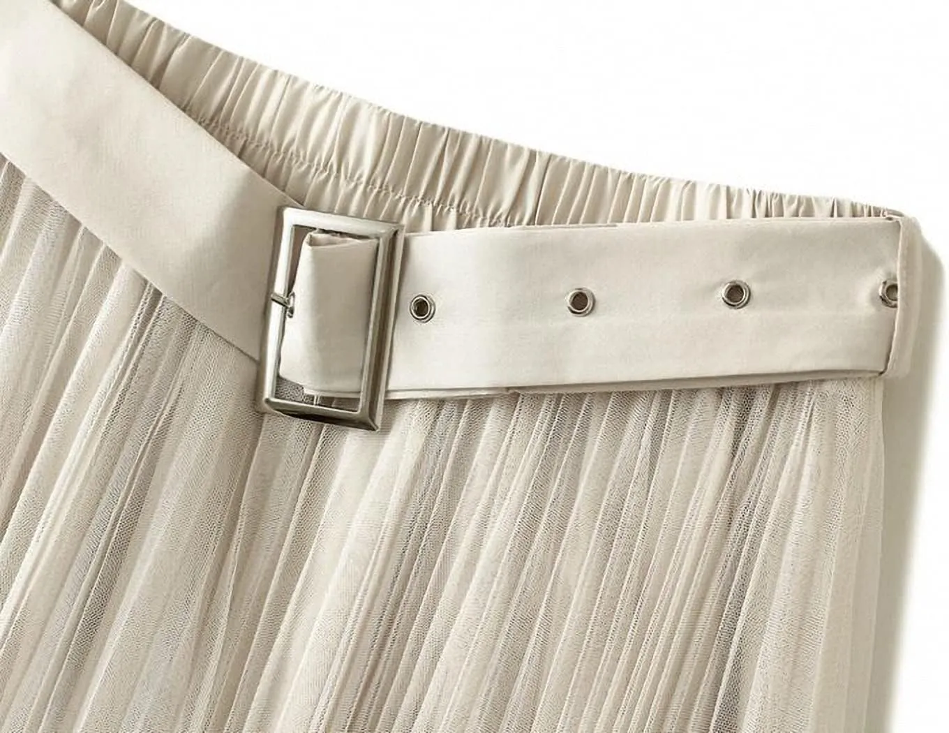 Women Tulle Mesh Pleated Skirt High Waist Petticoat with Belt Elegant Swing Midi Skirt