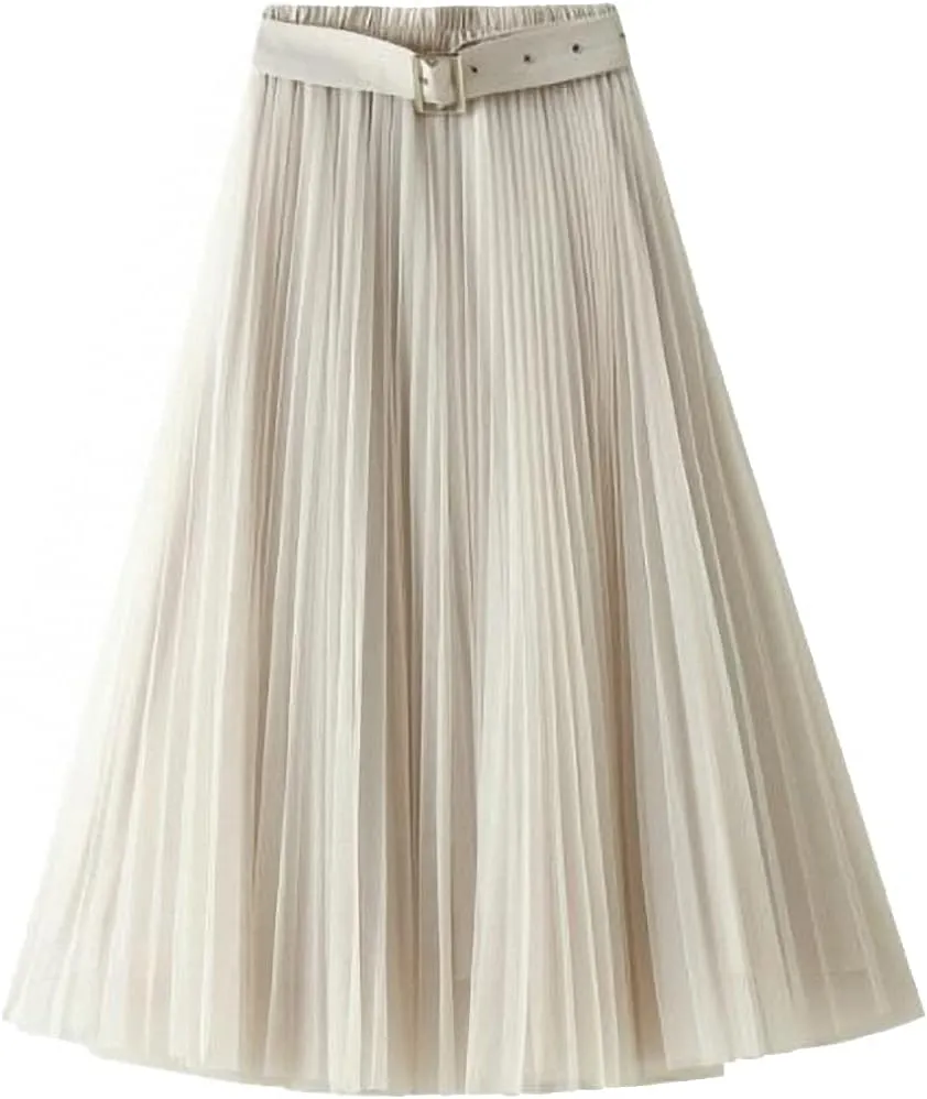 Women Tulle Mesh Pleated Skirt High Waist Petticoat with Belt Elegant Swing Midi Skirt