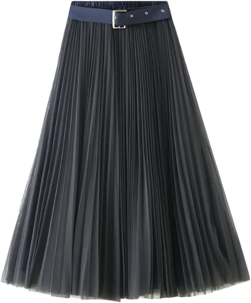Women Tulle Mesh Pleated Skirt High Waist Petticoat with Belt Elegant Swing Midi Skirt