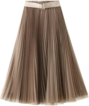 Women Tulle Mesh Pleated Skirt High Waist Petticoat with Belt Elegant Swing Midi Skirt