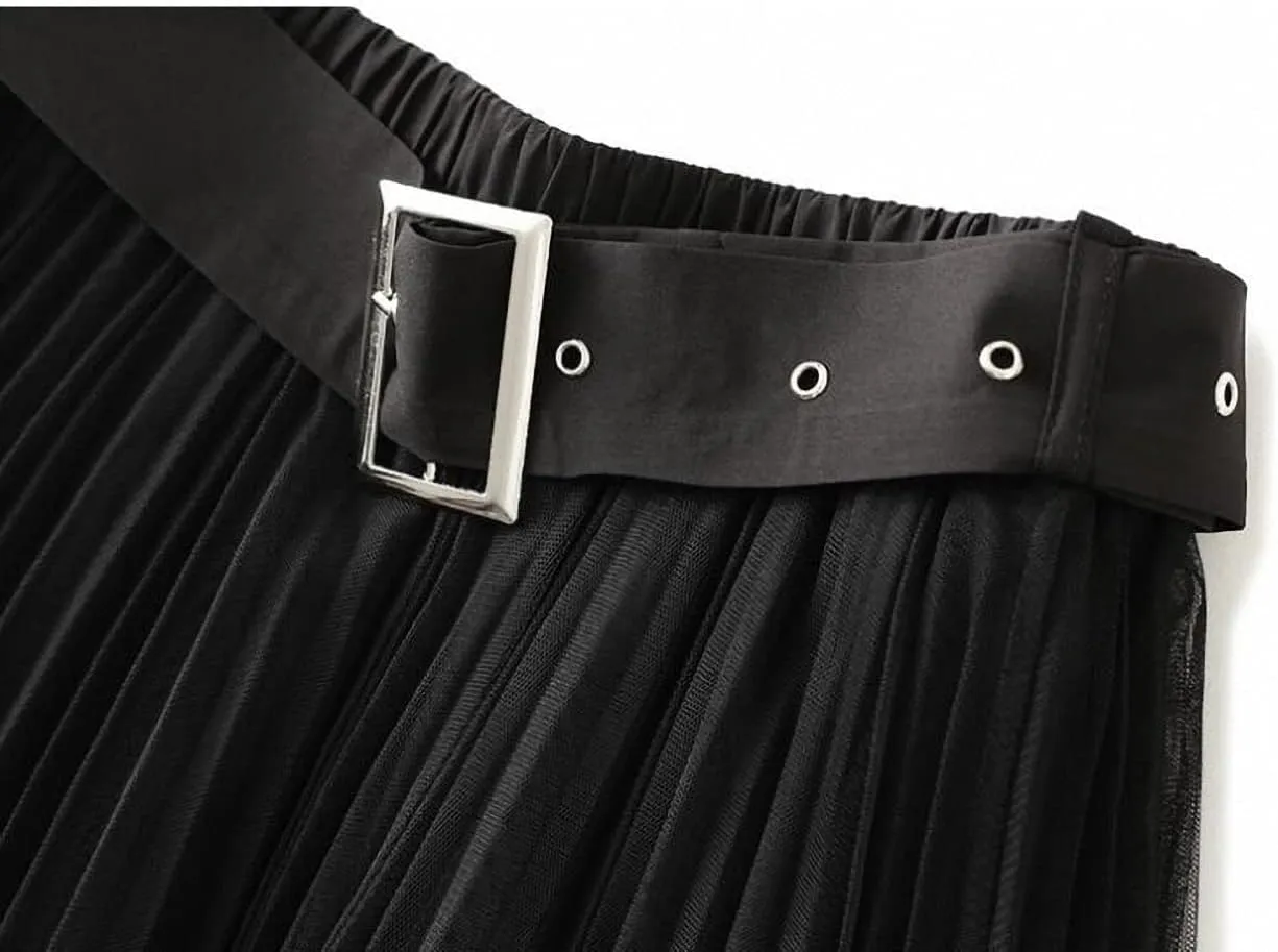 Women Tulle Mesh Pleated Skirt High Waist Petticoat with Belt Elegant Swing Midi Skirt