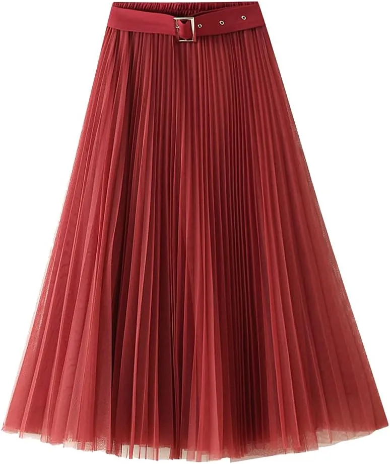 Women Tulle Mesh Pleated Skirt High Waist Petticoat with Belt Elegant Swing Midi Skirt