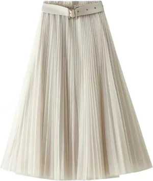 Women Tulle Mesh Pleated Skirt High Waist Petticoat with Belt Elegant Swing Midi Skirt