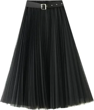 Women Tulle Mesh Pleated Skirt High Waist Petticoat with Belt Elegant Swing Midi Skirt