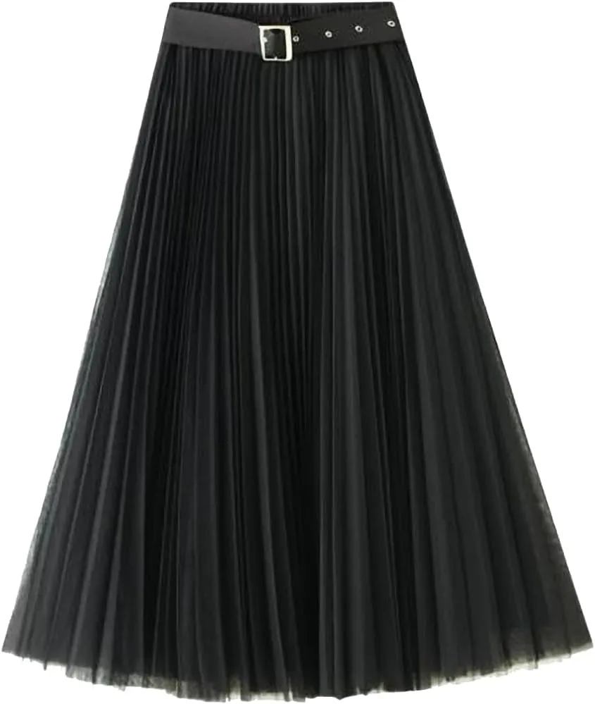 Women Tulle Mesh Pleated Skirt High Waist Petticoat with Belt Elegant Swing Midi Skirt