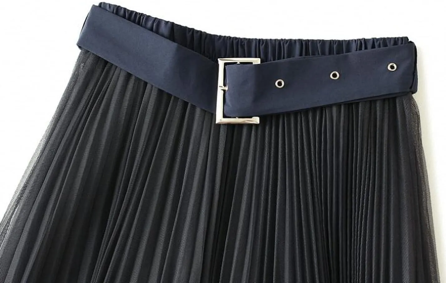 Women Tulle Mesh Pleated Skirt High Waist Petticoat with Belt Elegant Swing Midi Skirt