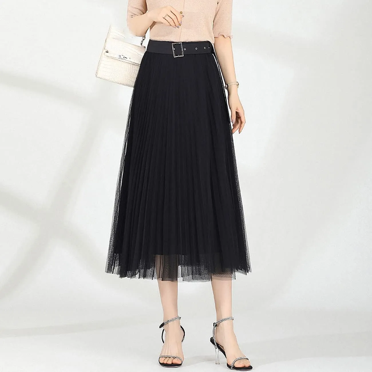 Women Tulle Mesh Pleated Skirt High Waist Petticoat with Belt Elegant Swing Midi Skirt