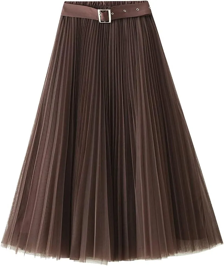 Women Tulle Mesh Pleated Skirt High Waist Petticoat with Belt Elegant Swing Midi Skirt