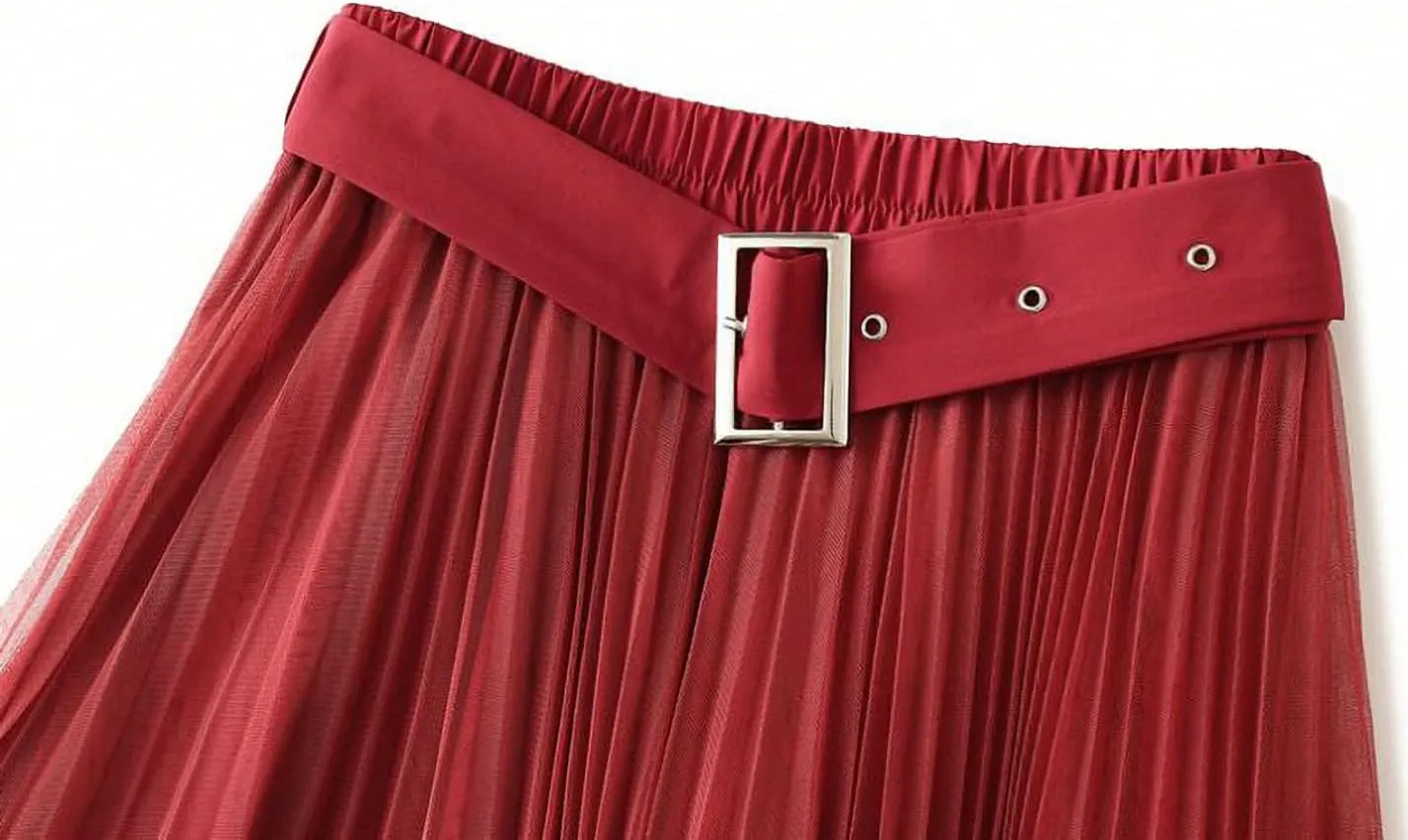 Women Tulle Mesh Pleated Skirt High Waist Petticoat with Belt Elegant Swing Midi Skirt