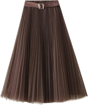 Women Tulle Mesh Pleated Skirt High Waist Petticoat with Belt Elegant Swing Midi Skirt