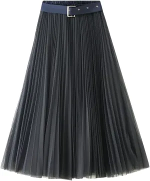 Women Tulle Mesh Pleated Skirt High Waist Petticoat with Belt Elegant Swing Midi Skirt