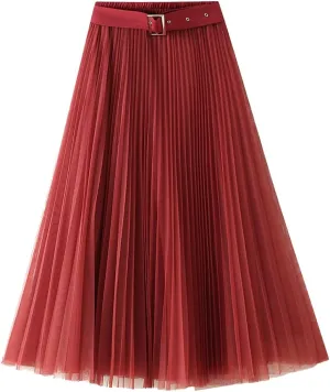 Women Tulle Mesh Pleated Skirt High Waist Petticoat with Belt Elegant Swing Midi Skirt
