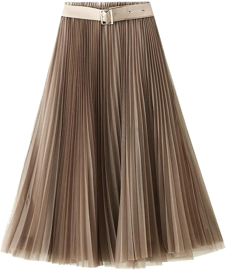 Women Tulle Mesh Pleated Skirt High Waist Petticoat with Belt Elegant Swing Midi Skirt