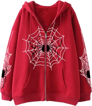 Women Vintage Hoodie Sweatshirt Y2K Zip Up Casual Oversized Punk Jackets Graphic Spider Hoodies E Girl Streetwear