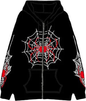 Women Vintage Hoodie Sweatshirt Y2K Zip Up Casual Oversized Punk Jackets Graphic Spider Hoodies E Girl Streetwear