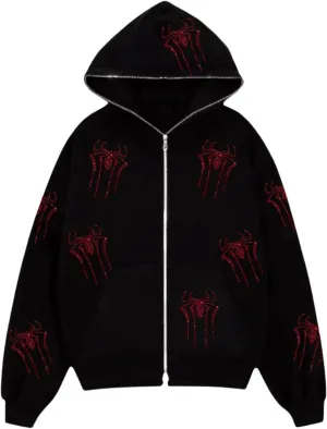 Women Vintage Hoodie Sweatshirt Y2K Zip Up Casual Oversized Punk Jackets Graphic Spider Hoodies E Girl Streetwear