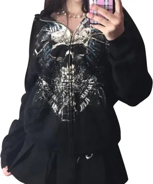Women Y2K Skull Hoodie Graphic Zip Up Grunge Aesthetic Hoodies Casual Vintage Oversized Sweatshirt Harajuku Jacket
