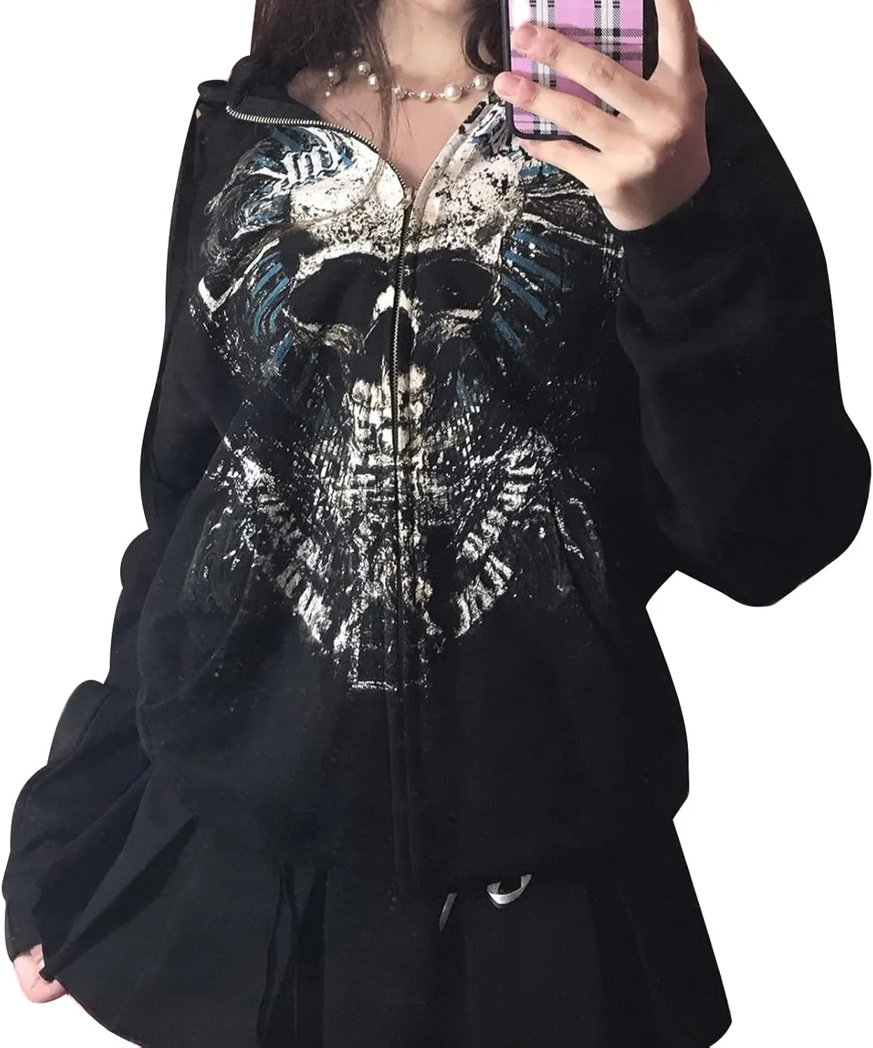 Women Y2K Skull Hoodie Graphic Zip Up Grunge Aesthetic Hoodies Casual Vintage Oversized Sweatshirt Harajuku Jacket